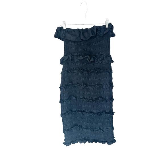 CLEOBELLA Black Poplin Ruffle Strapless Halter Elodie Midi Dress Size Large - Picture 9 of 11